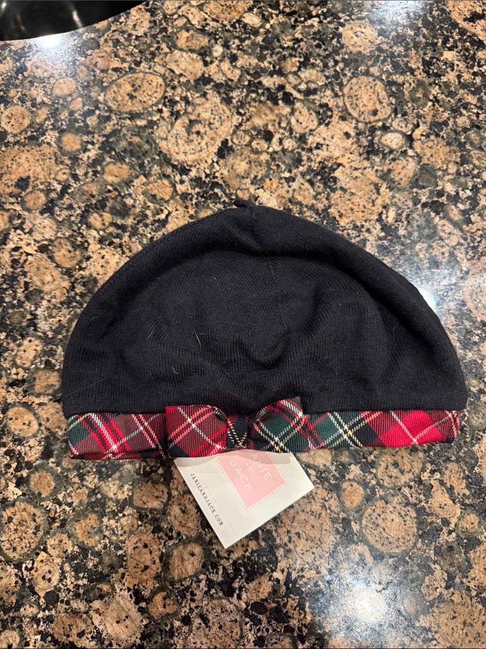 Janie and Jack Black Knit Hat with Red Plaid Trim
